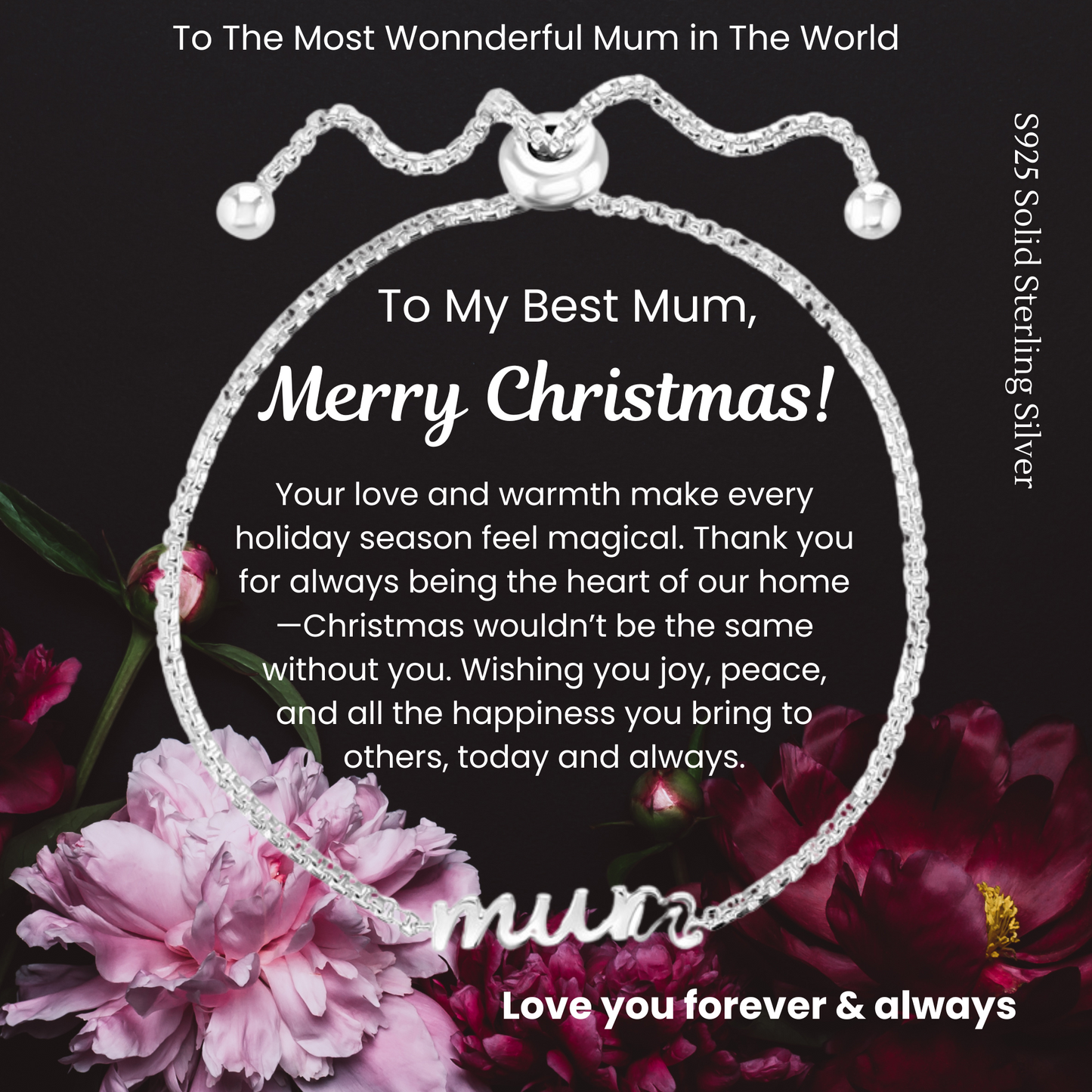 S925 Sterling Silver Mum Toggle Adjustable Bracelet with Message Card