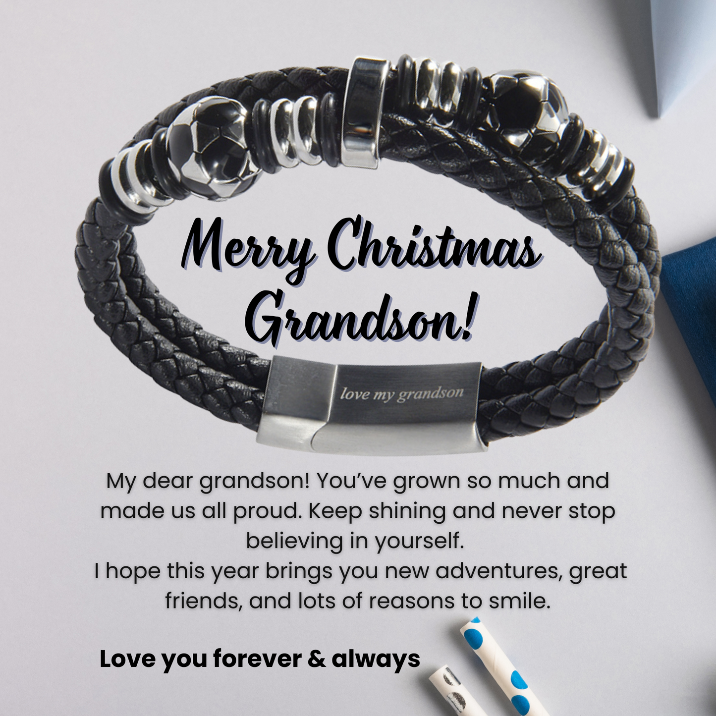 Bracelet For Grandson FootBall Theme Engraved Leather Stainless steel with Personalised Message