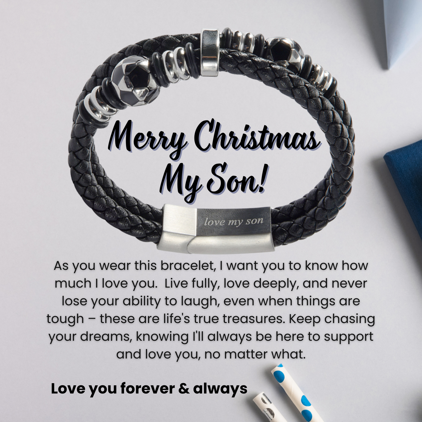 Bracelet For Son FootBall Theme Engraved Leather Stainless steel with Personalised Message