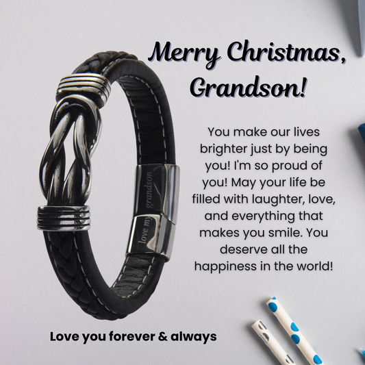 Infinity Bracelet For Grandson Engraved Leather Stainless steel with Personalised Card Message