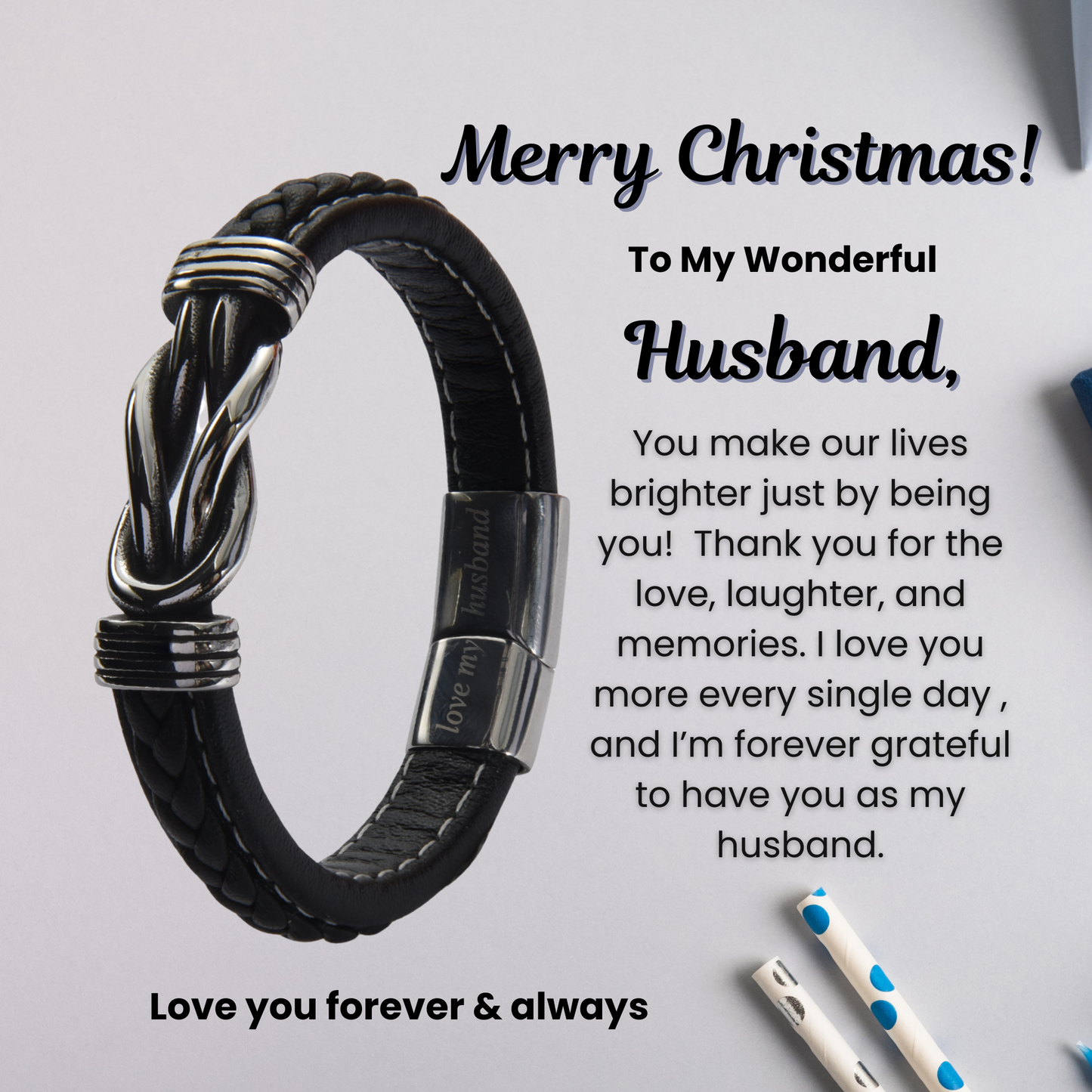 Infinity Bracelet For Husband Engraved Real Leather Stainless steel with Personalised Message