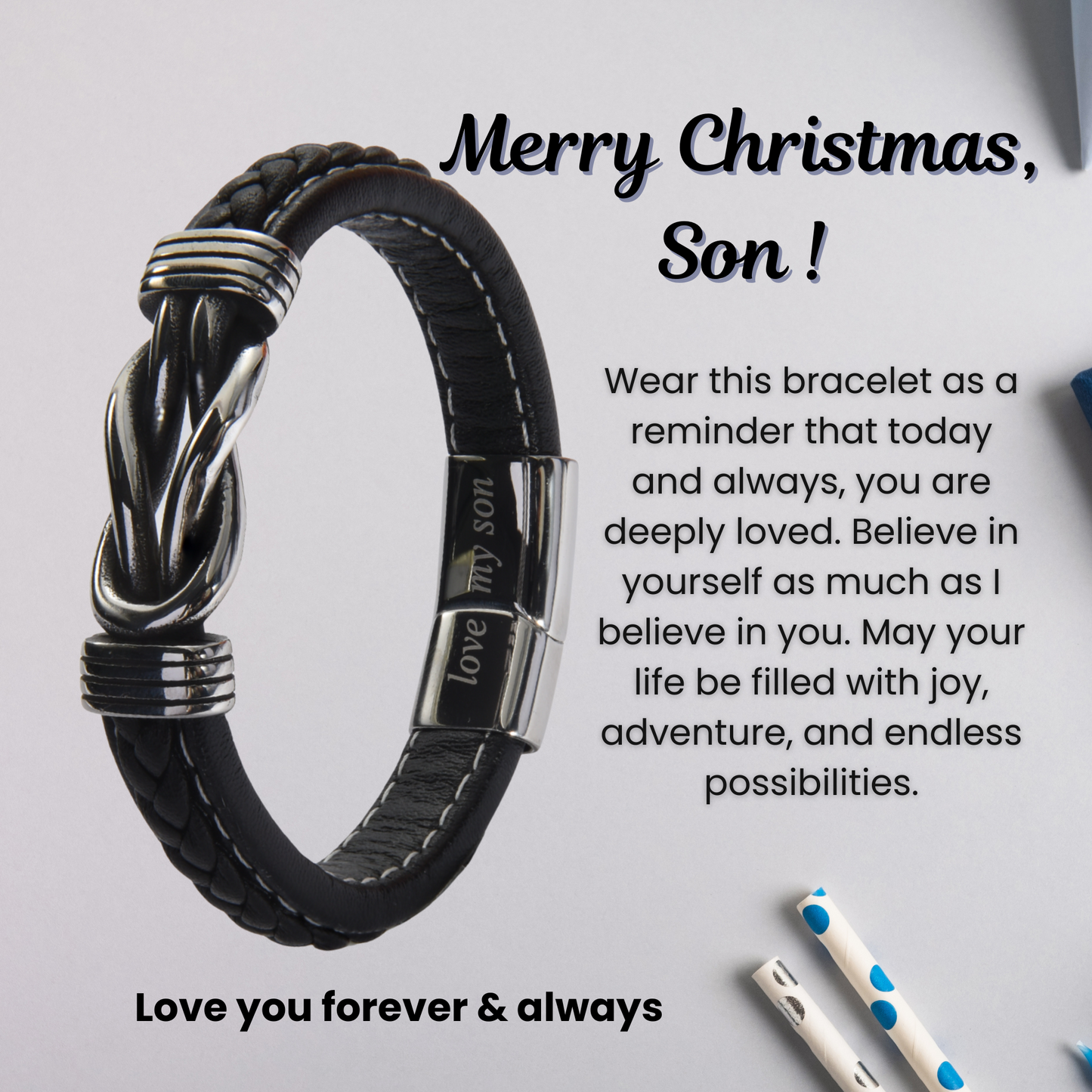 Infinity Bracelet For Son Engraved Real Leather Stainless steel with Personalised Message