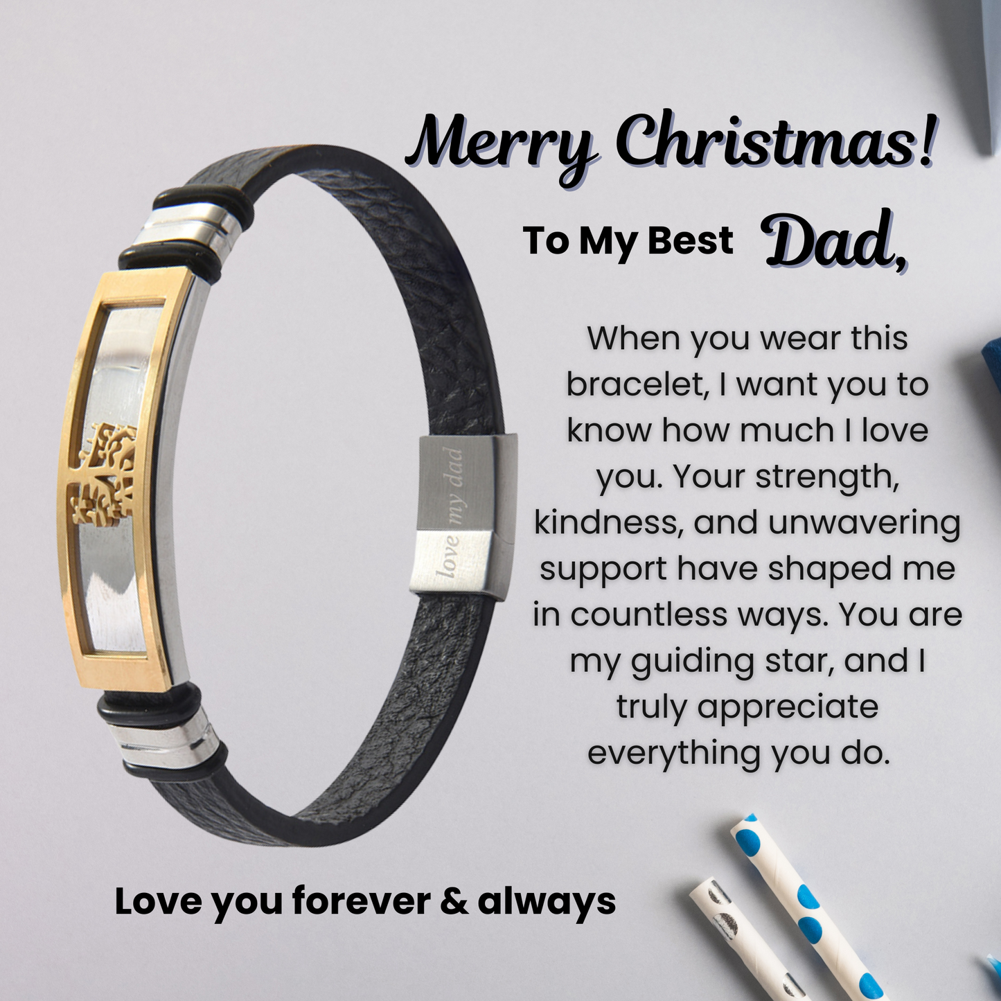 Tree of Life Bracelet For Dad Engraved Real Leather Stainless steel with Personalised Message Card
