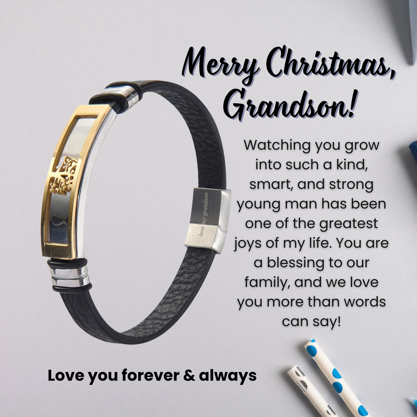 Tree of Life Bracelet For Grandson Engraved Real Leather Stainless steel with Personalised Message Card
