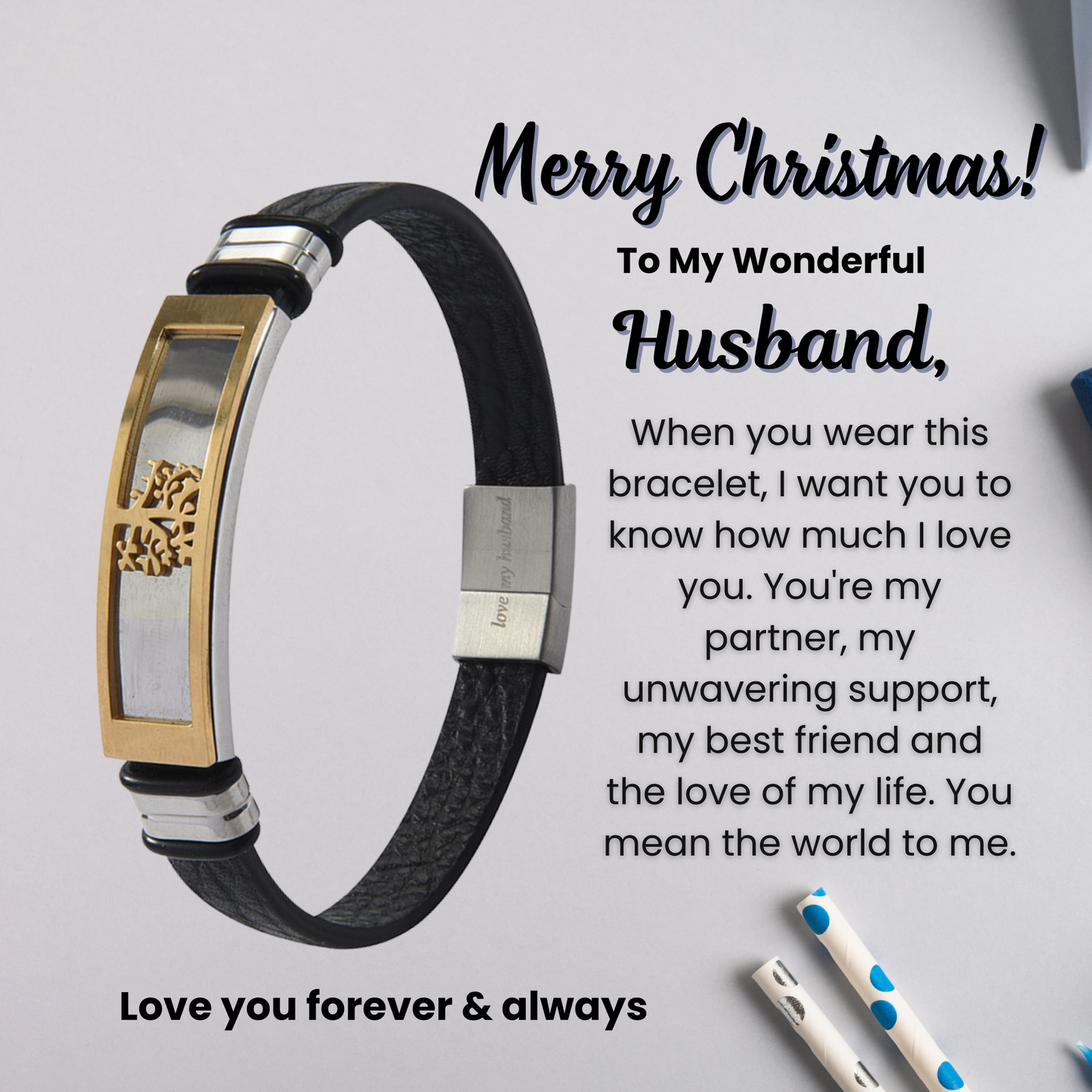 Tree of Life Bracelet For Husband Engraved Leather Stainless steel with Personalised Message