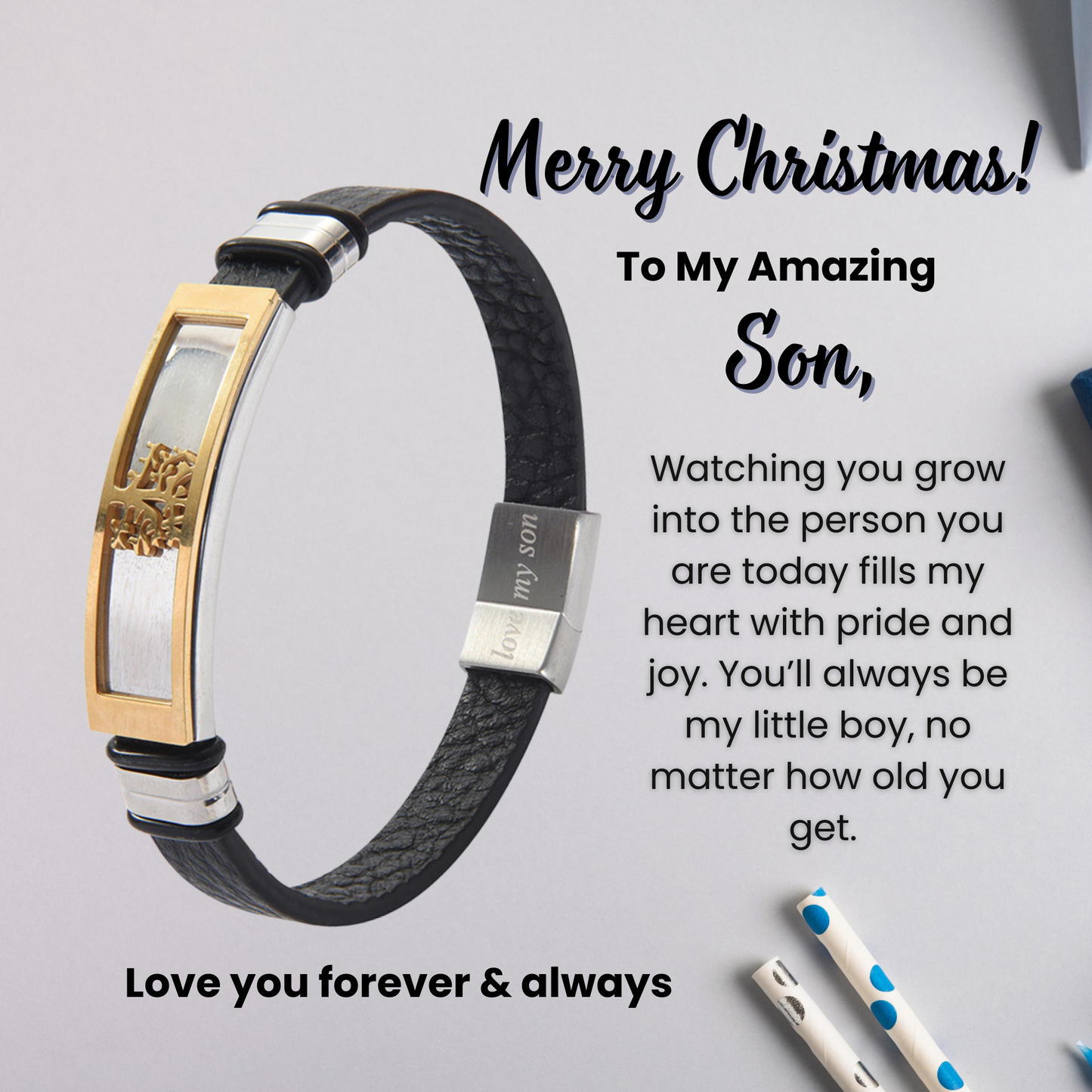 Tree of Life Bracelet For Son Engraved Real Leather Stainless steel with Personalised Message Card