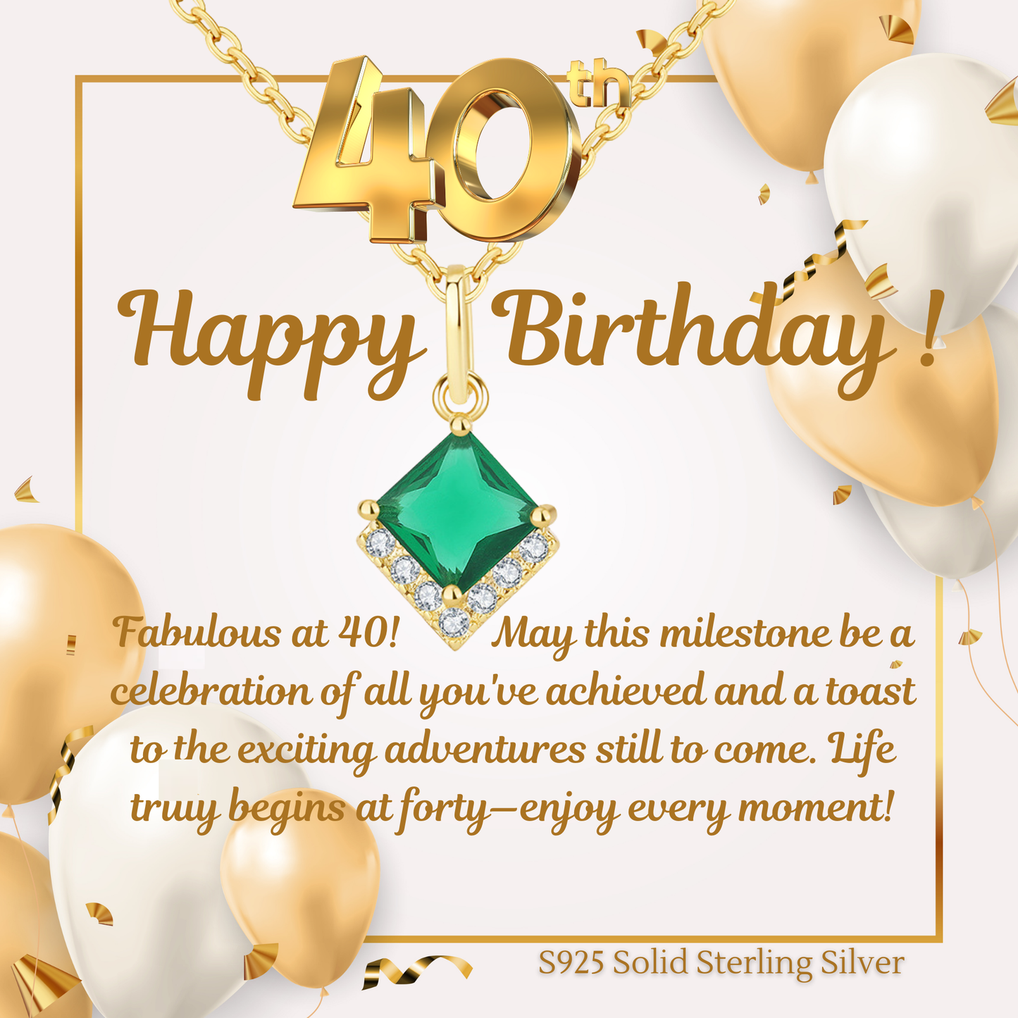 Birthday Gifts for Her 30th 40th 50th 60th 70th 80th 90th 100th S925 Emerald Gold Plated Necklace Birthday Personalised Message