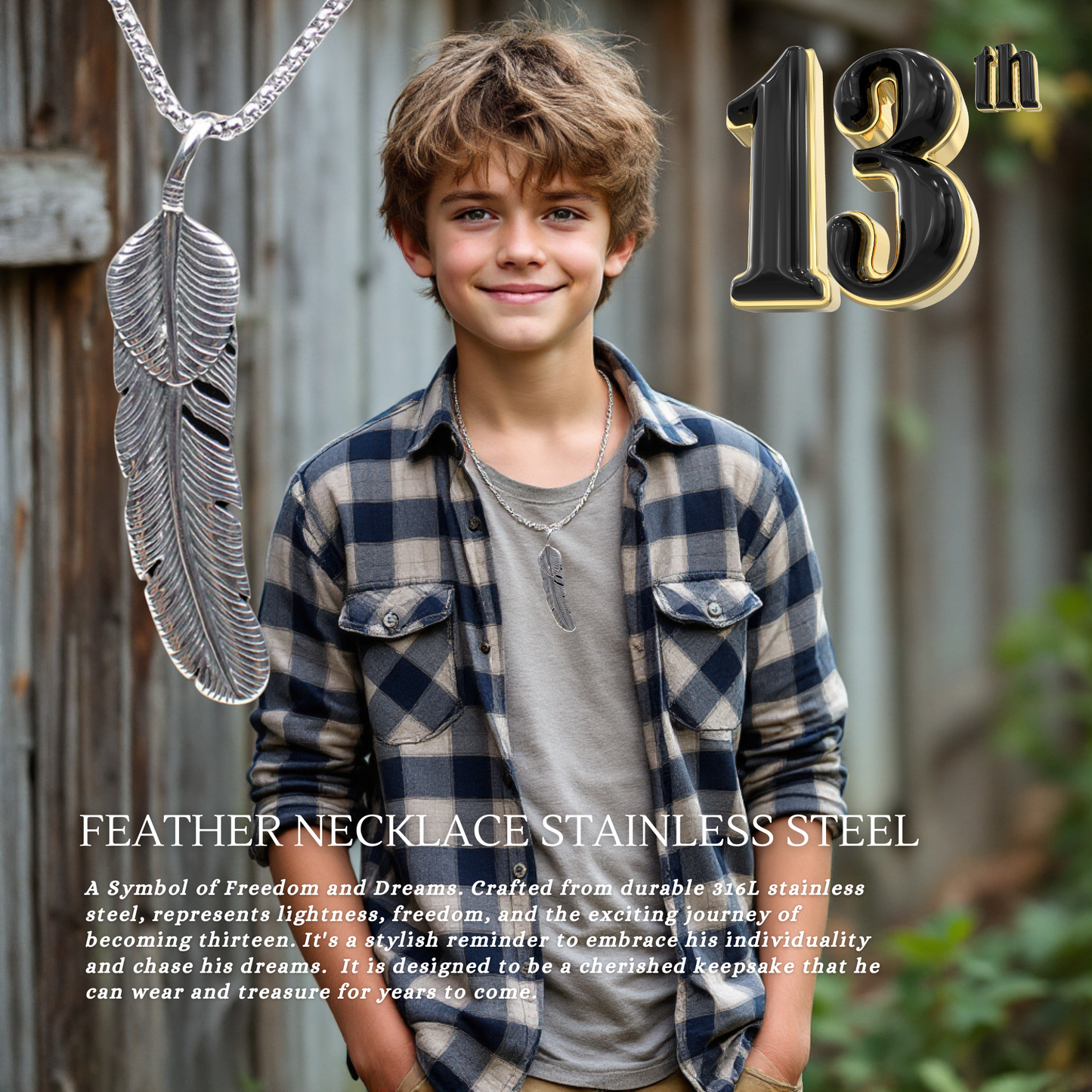 13th Birthday Vintage Retro Feather Stainless Steel Pendant Necklace with Personalised Message Card