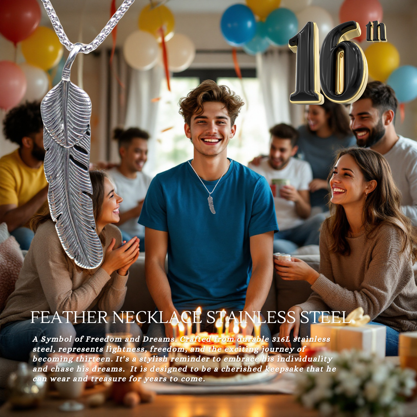 16th Birthday Vintage Retro Feather Stainless Steel Pendant Necklace with Personalised Message Card