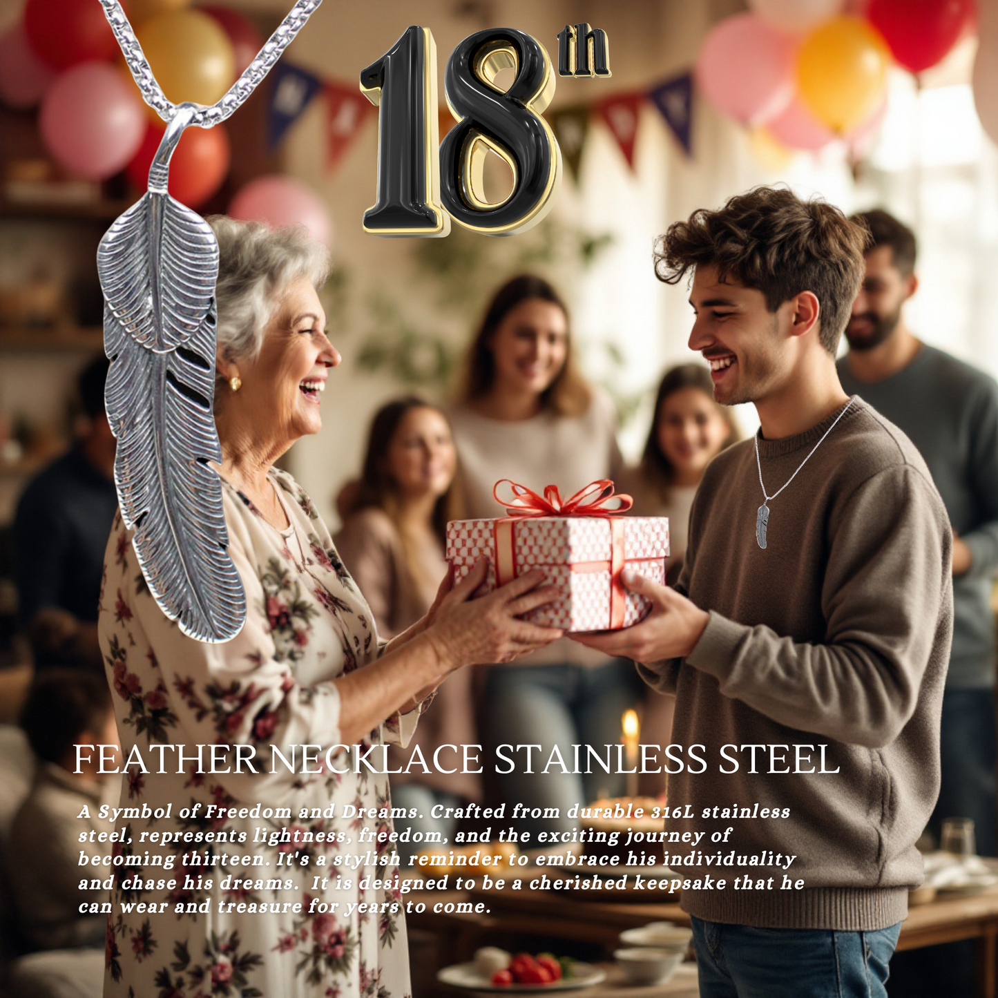 18th Birthday Vintage Retro Feather Stainless Steel Pendant Necklace with Personalised Message Card