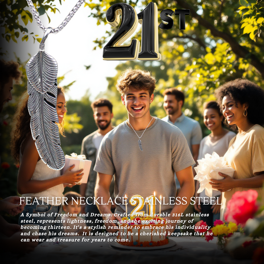 Birthday Gifts for Him 21th Birthday Silver Feather Pendant Necklace with Personalised Message Card