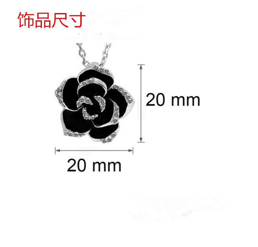 Crystal Black Rose Flower Petals Pendant Necklace And Earrings Set In Silver Tone or Rose Gold Tone