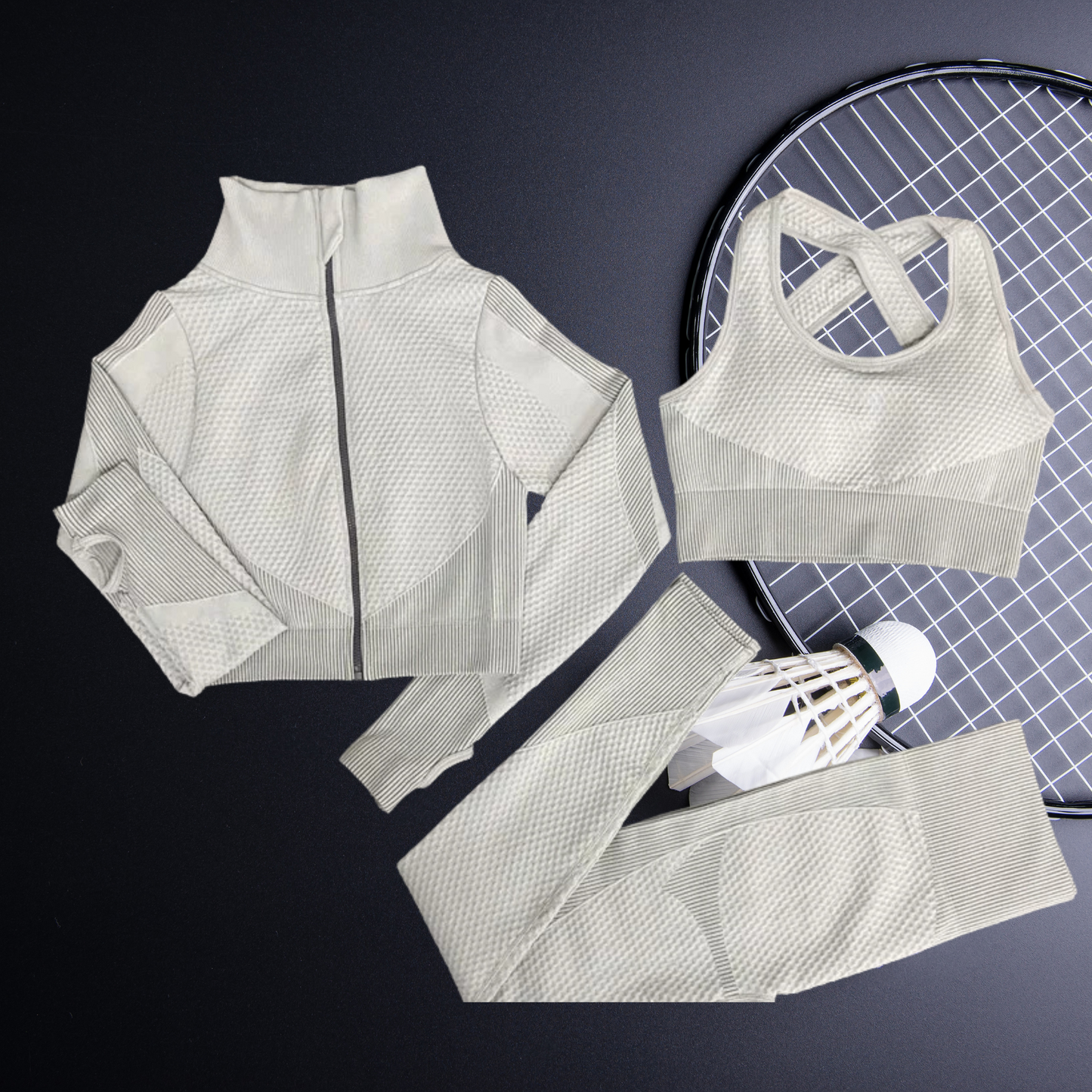 3 Pieces Yoga Gym Set Women Fitness Suit Leggings Jacket Bra in Light Grey
