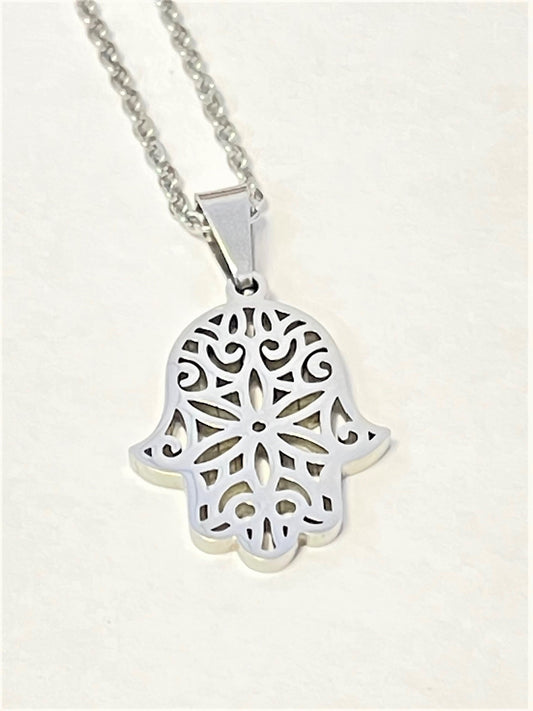 Stainless Steel Hamsa Hand Pendant Necklace -Rose Gold or Silver