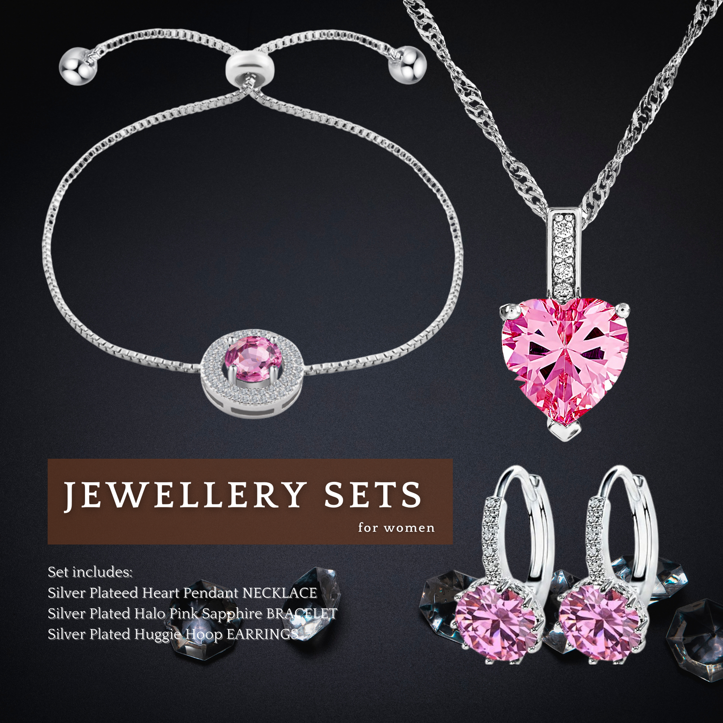 Necklace Earrings and Bracelet Pink JewelleryTri-Set
