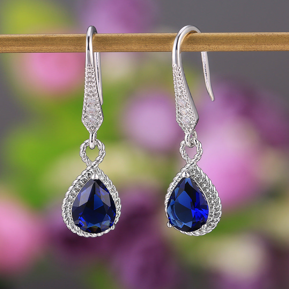 Beautiful Women Blue Sapphire Crystal Waterdrop Hook Earrings