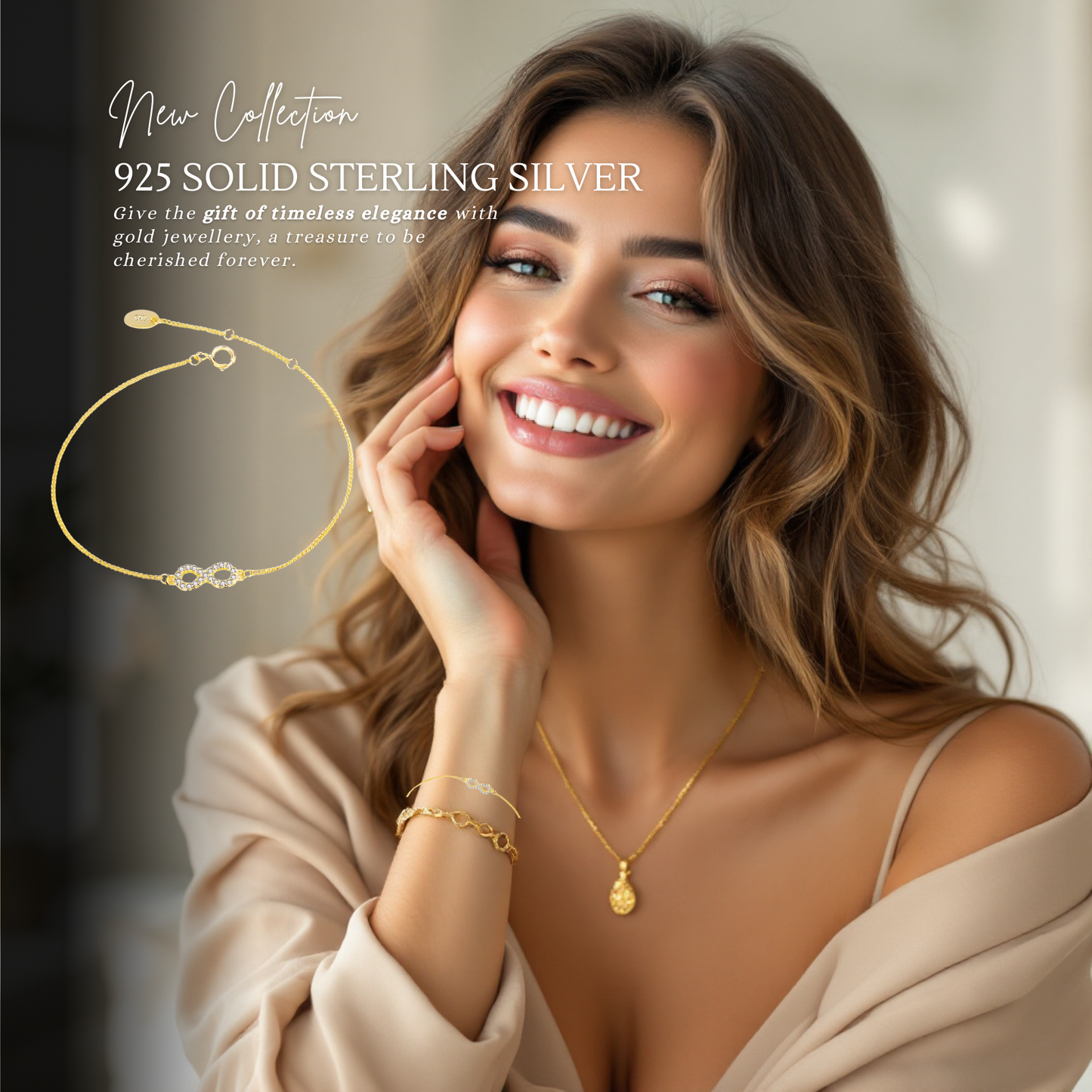 Sterling Silver Infinity 14K Gold Plated Cubic Zirconia Bracelet