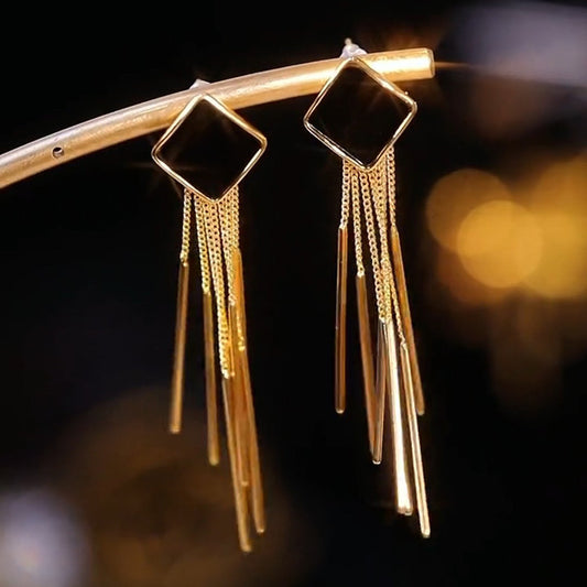 Fashion Black Diamond Long Tassel Drop Stud Earrings in Gold Tone