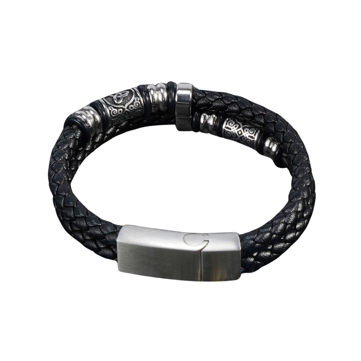 Stylish Triquetra Men’s Black Leather Beads Bracelet In Silver Tone