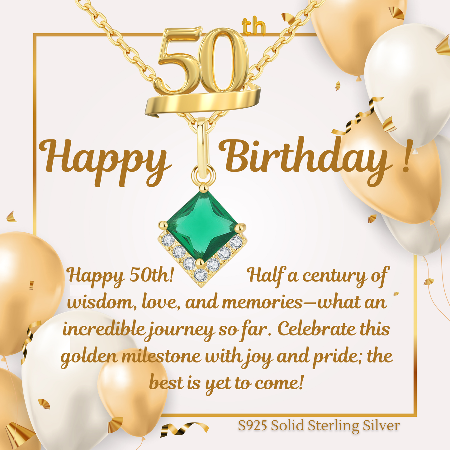Birthday Gifts for Her 30th 40th 50th 60th 70th 80th 90th 100th S925 Emerald Gold Plated Necklace Birthday Personalised Message