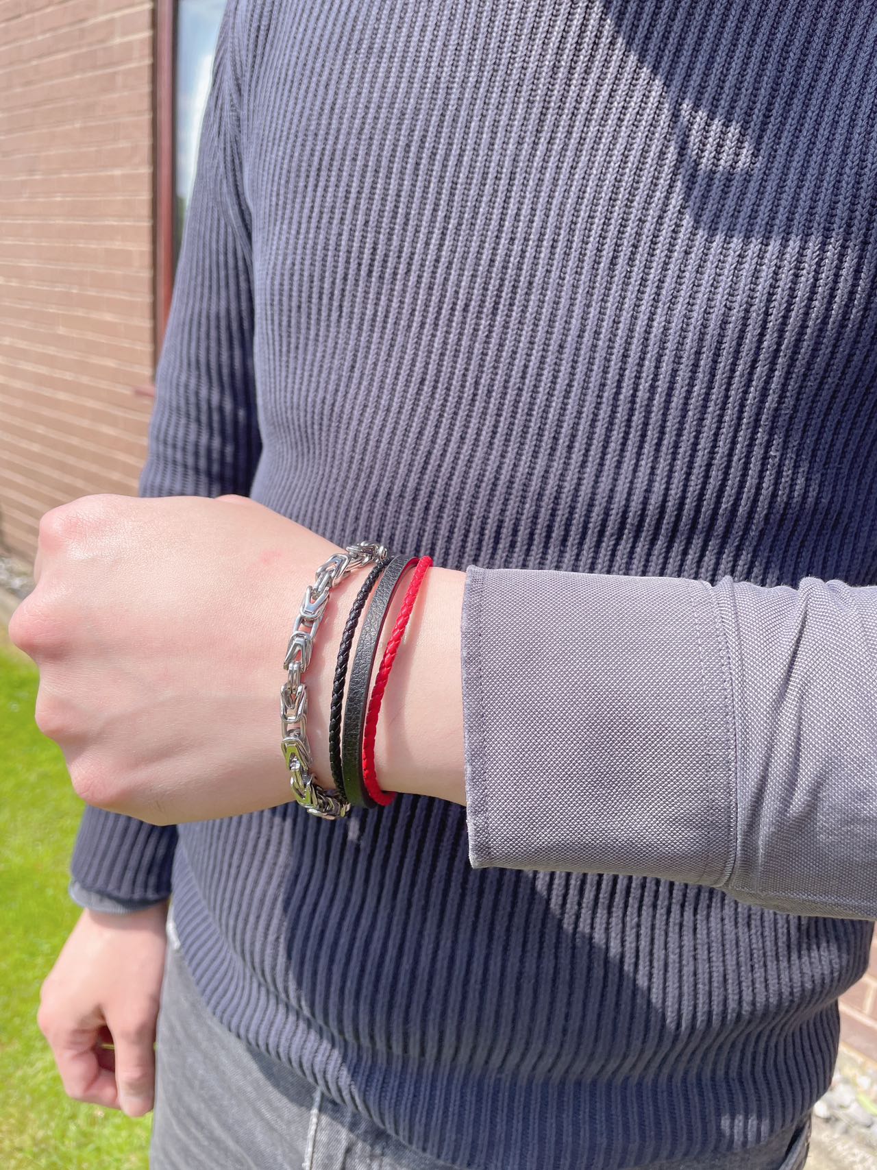 Men’s 4-Layer Stainless Steel Chain Red and Black Braided Leather Bracelet