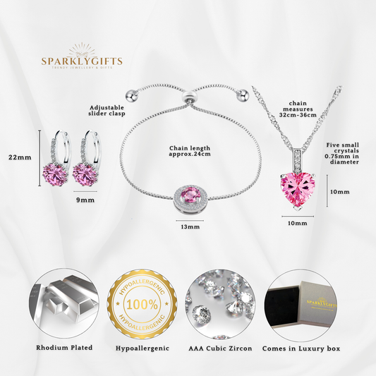 Love Heart Pendant Earrings and Bracelet Pink Jewellery Tri-Set