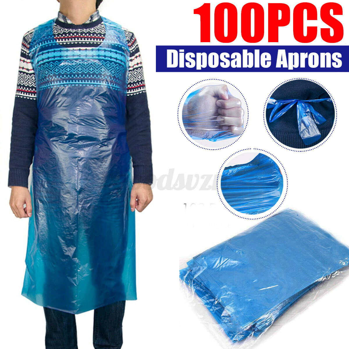 50 Packs (100pc per pack) Disposable Lightweight Waterproof Blue Plastic Aprons for Salon/Garden/Home Etc.