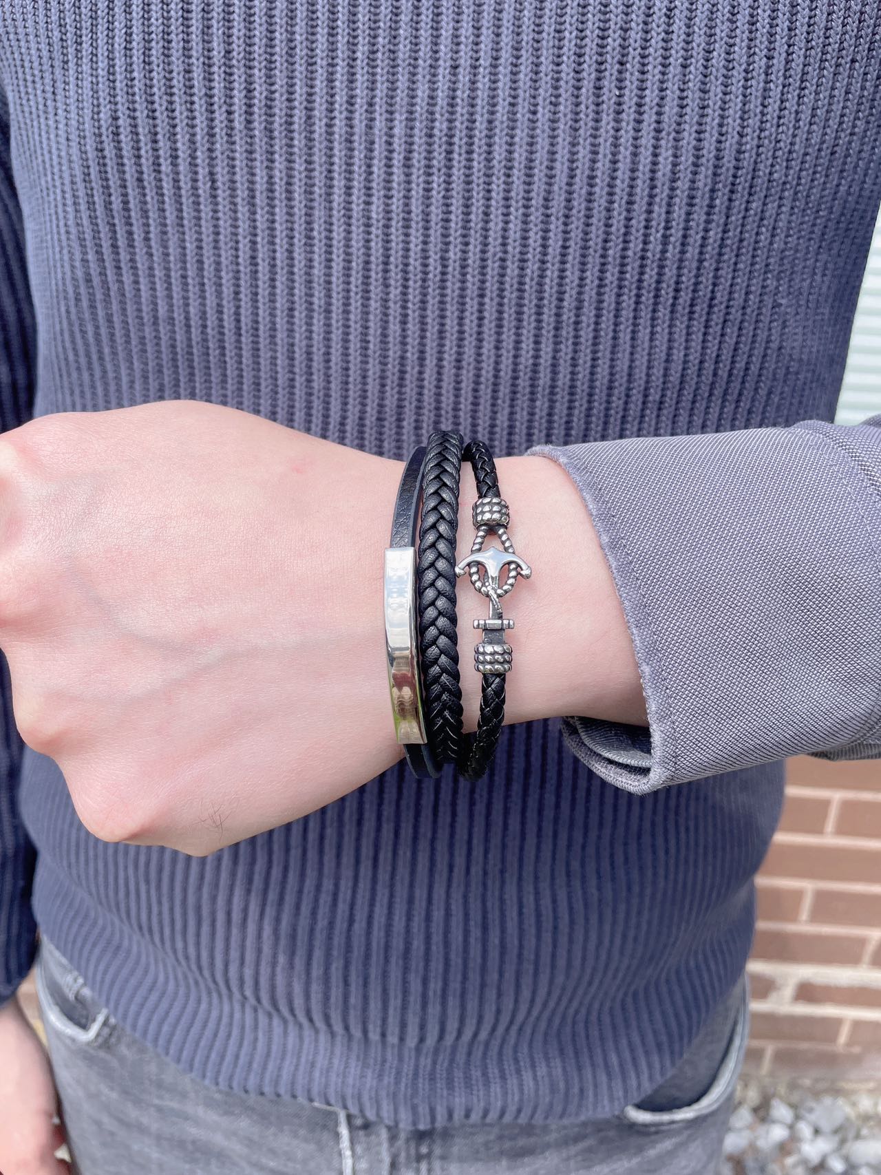 Men’s 3-Layer Stainless Steel Viking Anchor Shaped Black Leather Braided Bracelet