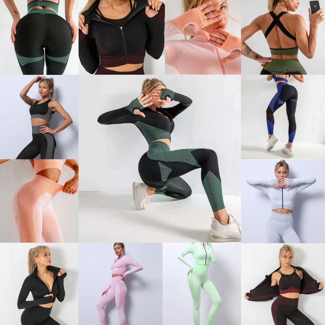 30 Sets of 3pc Anti-Cellulite High Waist Gym Suit Tri-Set(Leggings, Sports Bra & Cropped Jacket) l UK SELLER
