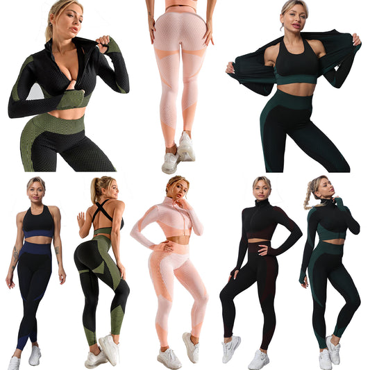 30 Sets of 3pc Anti-Cellulite High Waist Gym Suit Tri-Set(Leggings, Sports Bra & Cropped Jacket) l UK SELLER
