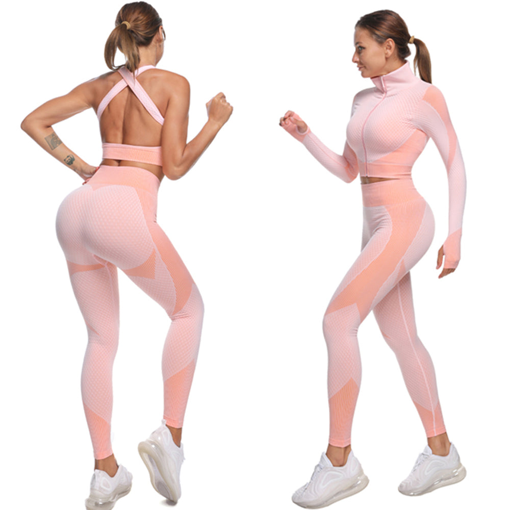 30 Sets of 3pc Anti-Cellulite High Waist Gym Suit Tri-Set(Leggings, Sports Bra & Cropped Jacket) l UK SELLER