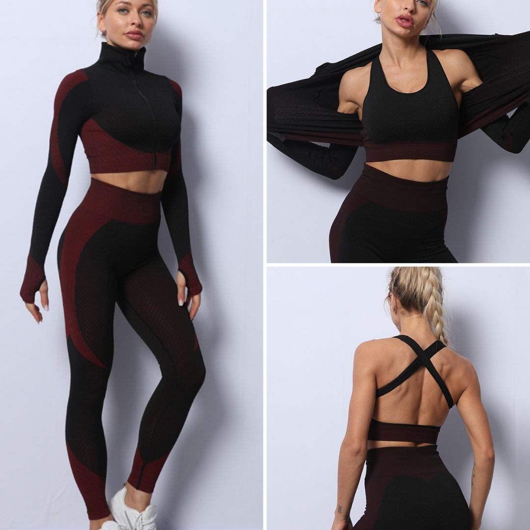 30 Sets of 3pc Anti-Cellulite High Waist Gym Suit Tri-Set(Leggings, Sports Bra & Cropped Jacket) l UK SELLER