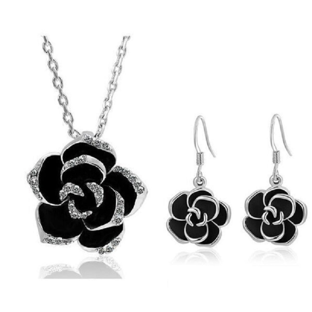 Crystal Black Rose Flower Petals Pendant Necklace And Earrings Set In Silver Tone or Rose Gold Tone