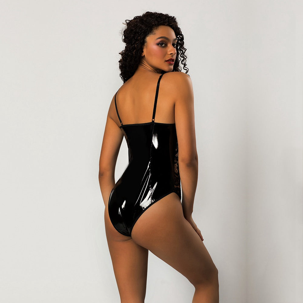 Sexy Wet Look Bodysuit with Lace Sides