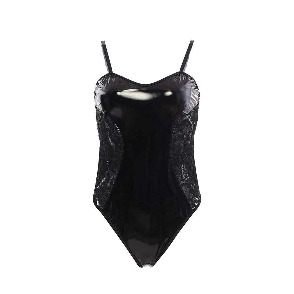 Sexy Wet Look Bodysuit with Lace Sides