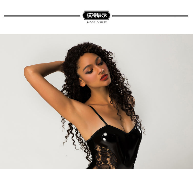 Sexy Wet Look Bodysuit with Lace Sides