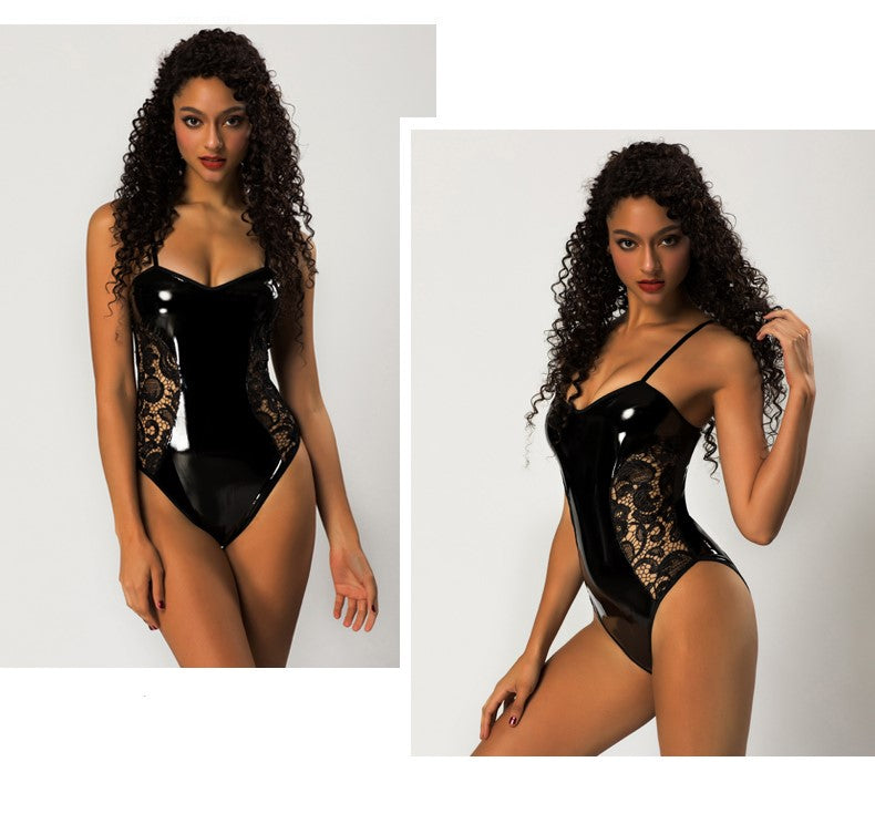 Sexy Wet Look Bodysuit with Lace Sides