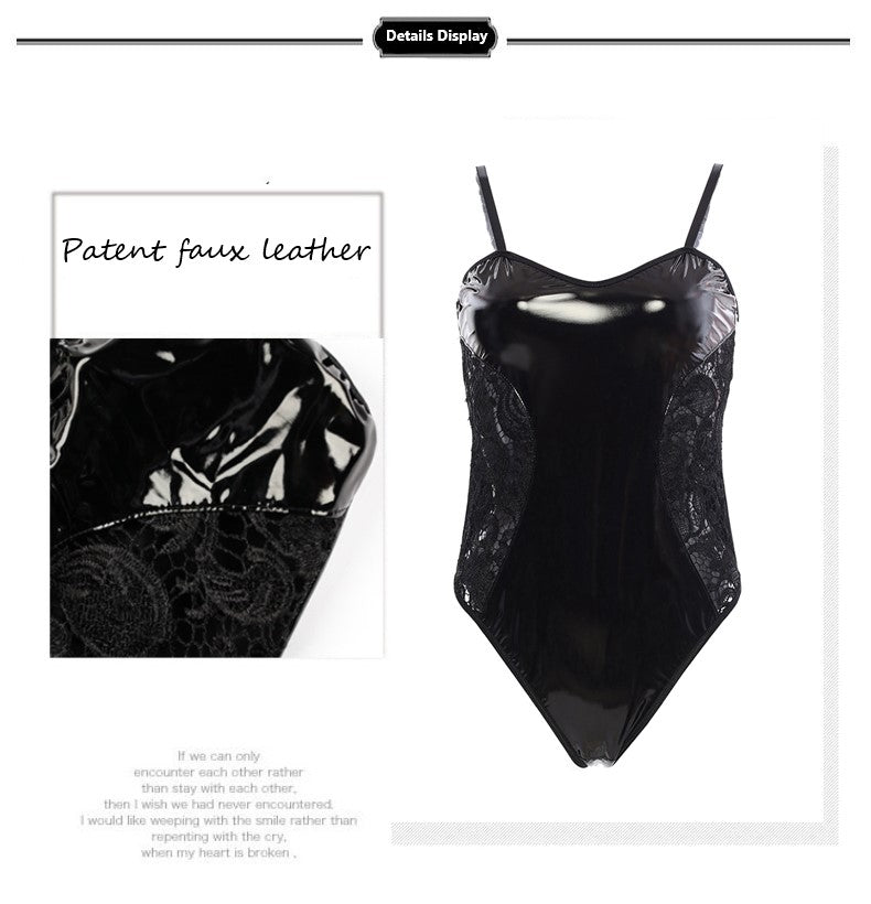 Sexy Wet Look Bodysuit with Lace Sides