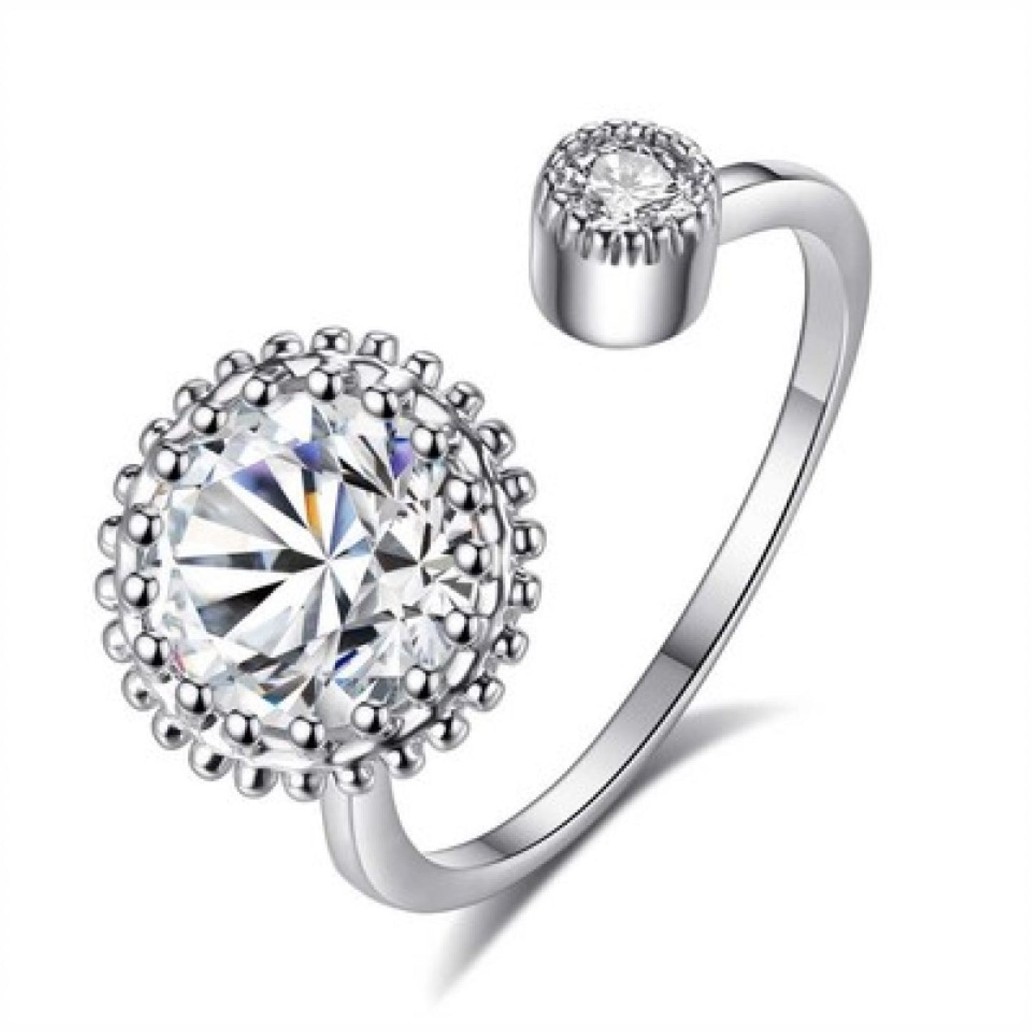 Silver Tone Round Halo Crystal Open Ring Adjustable