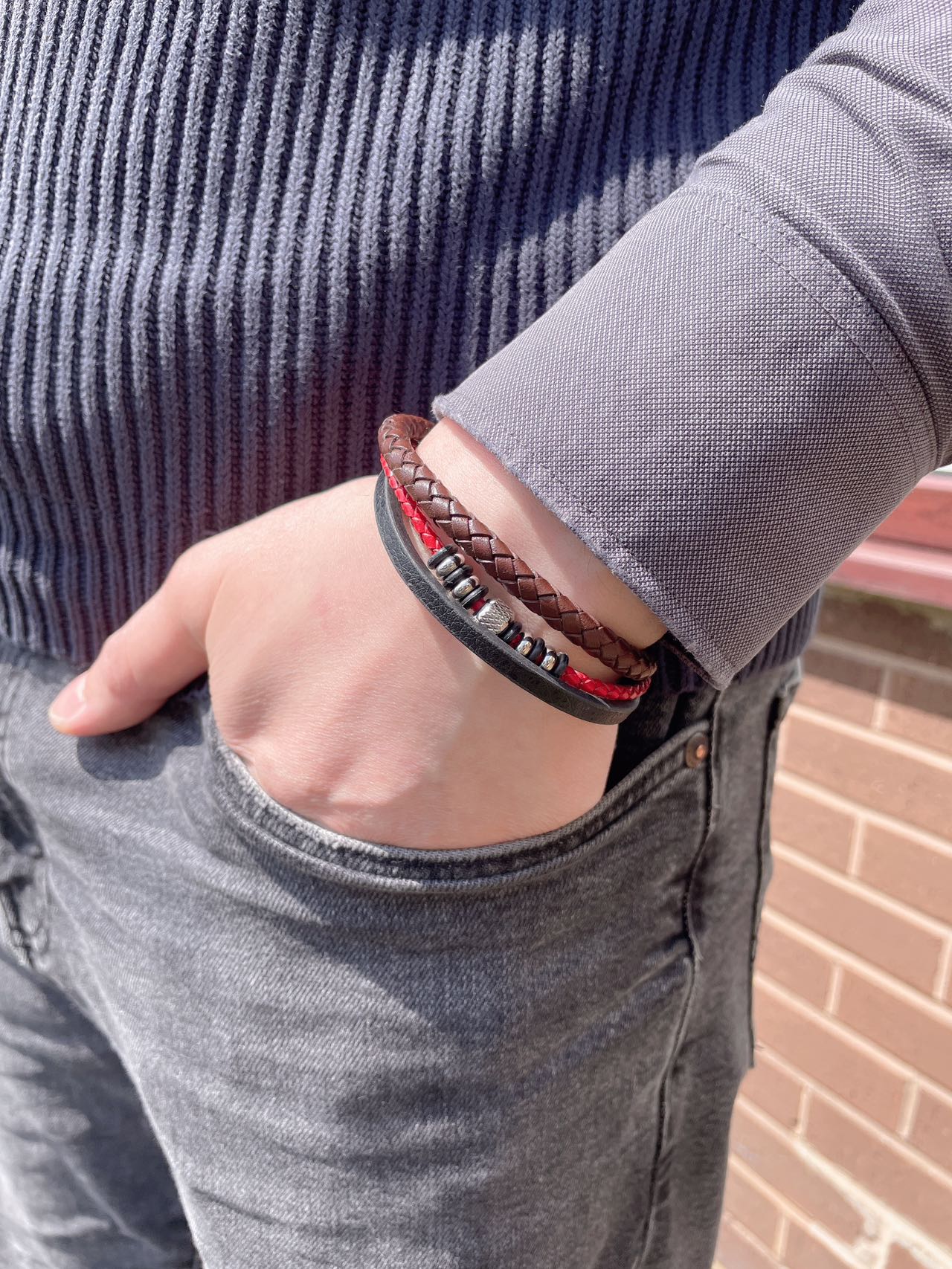 Fashionable 3-Layer Men’s Braised Black Leather Stainless Steel Bracelet
