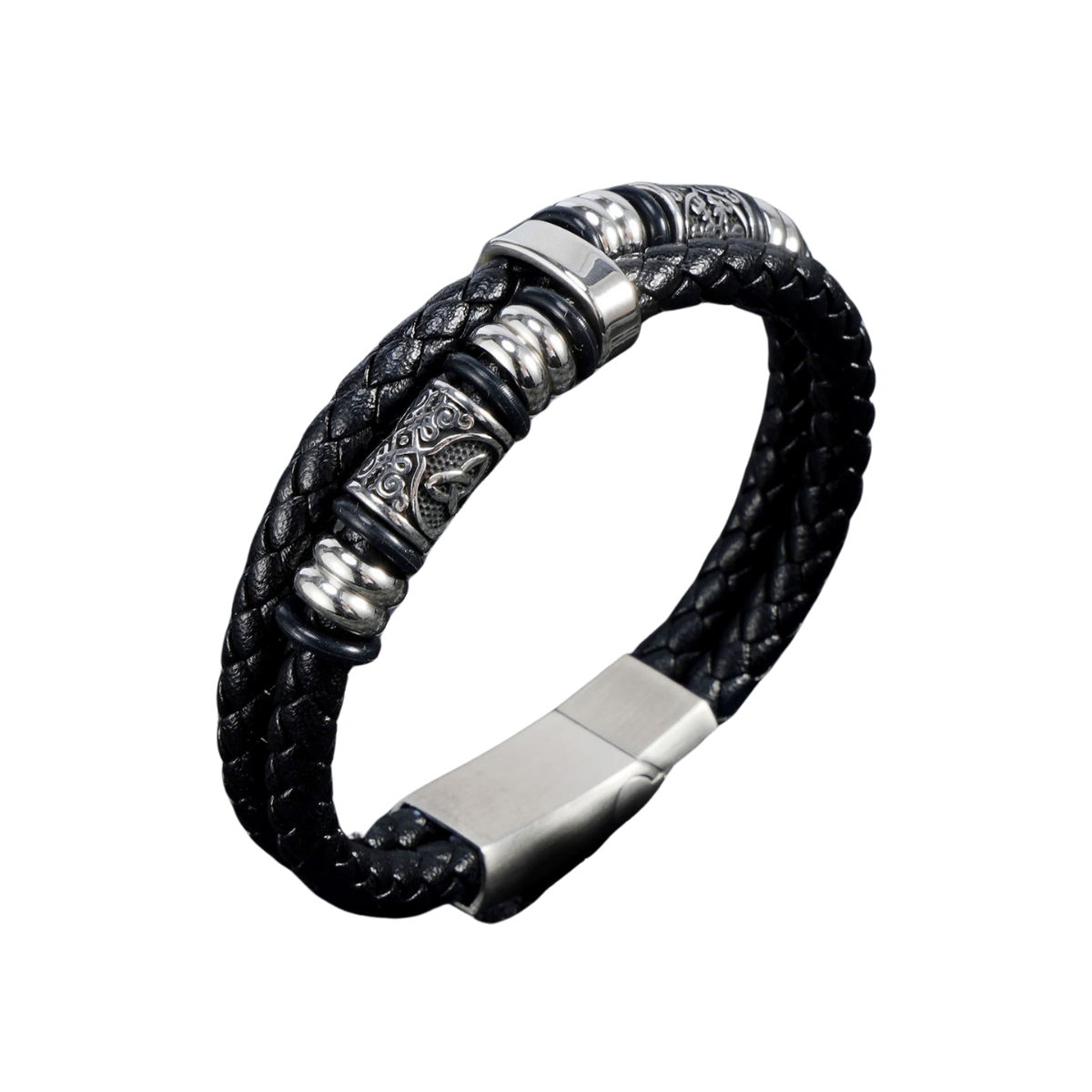 Stylish Triquetra Men’s Black Leather Beads Bracelet In Silver Tone