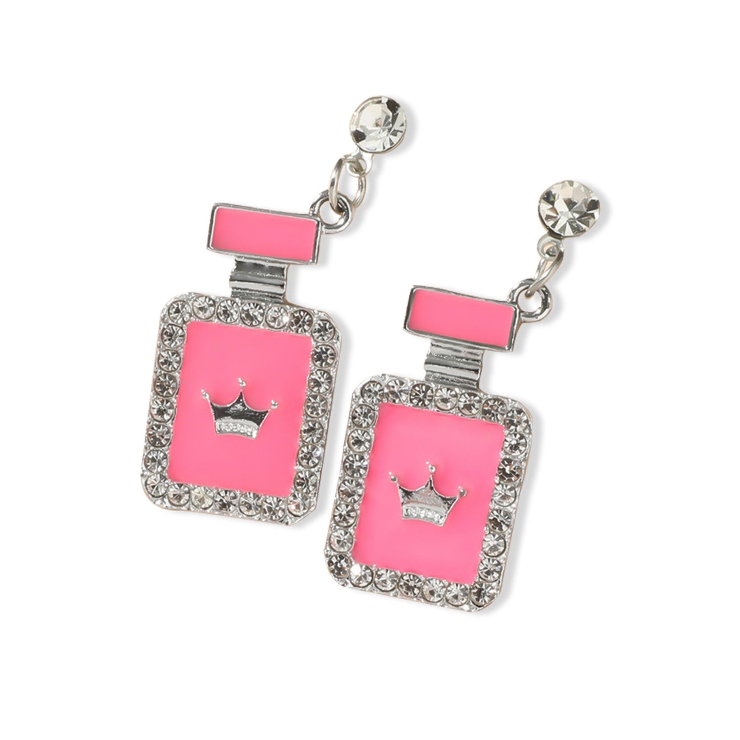 Rectangle Shape Silver Crown Perfume Bottle Crystal Earrings in Pink