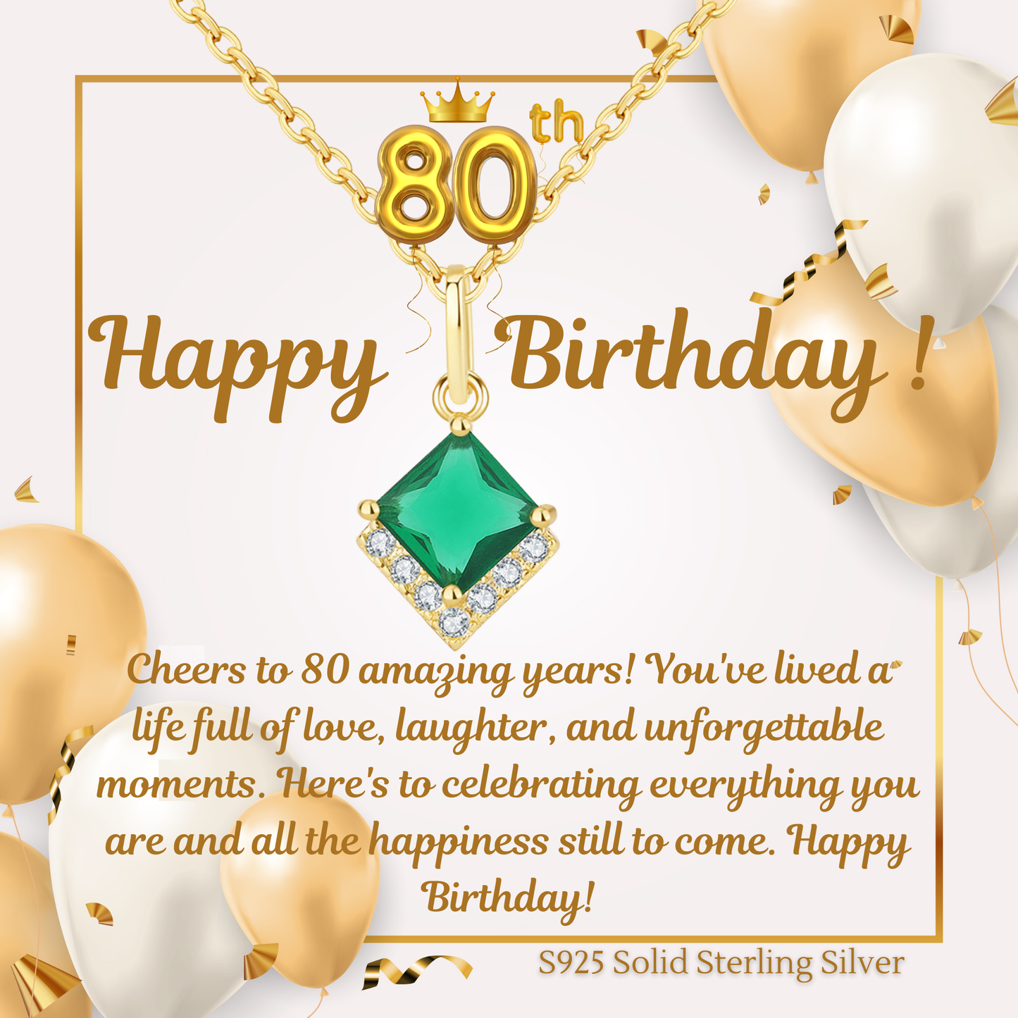 Birthday Gifts for Her 30th 40th 50th 60th 70th 80th 90th 100th S925 Emerald Gold Plated Necklace Birthday Personalised Message