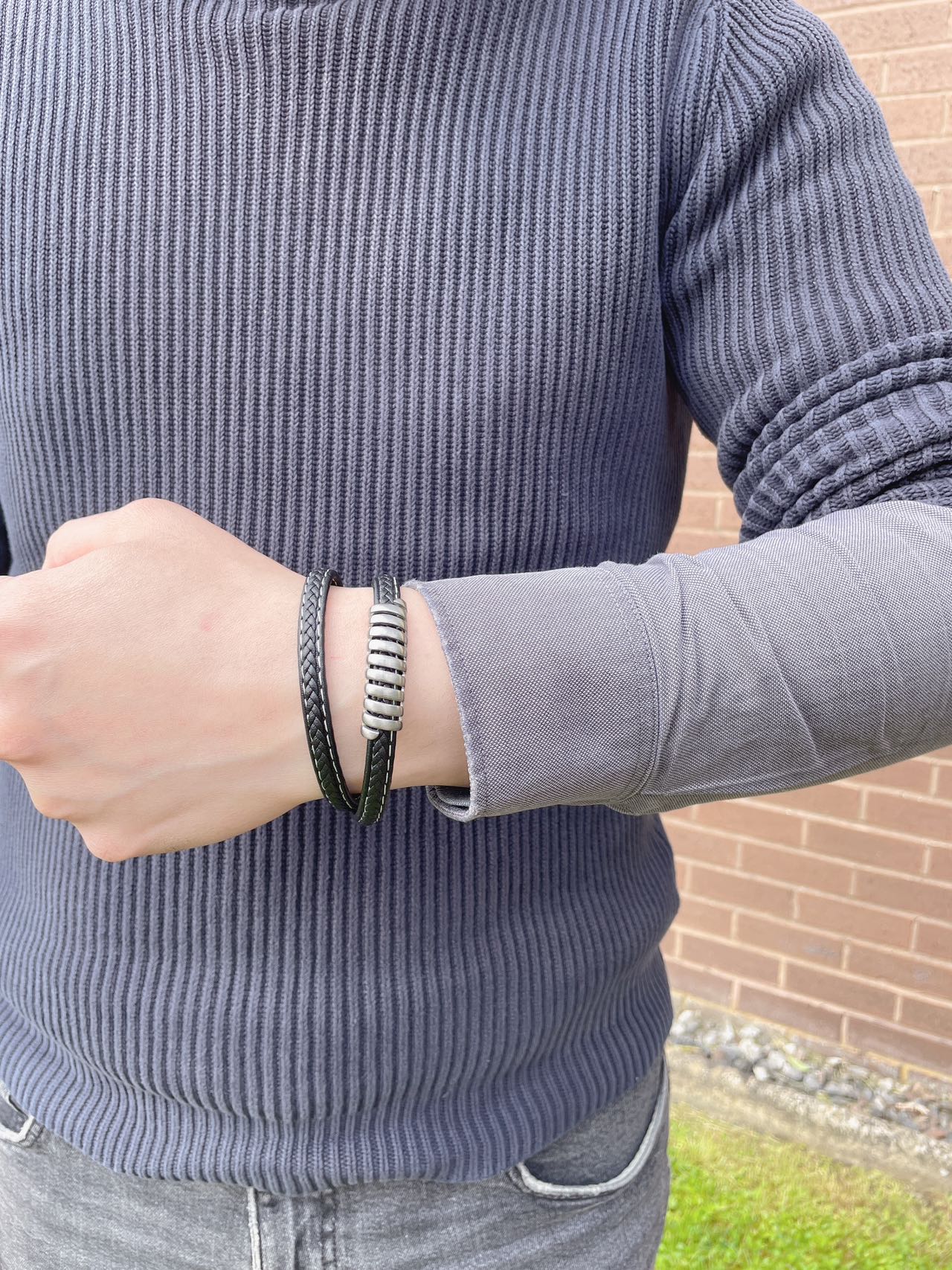 Men’s Twisted 2-Layer Stainless Steel Black Leather Braided Bracelet