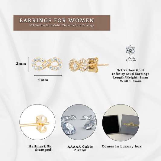 9ct Yellow Gold C/Z Infinity 2mmx9mm Stud Earrings