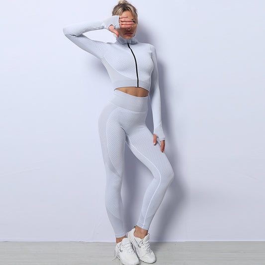 Yoga Gym Set Women Fitness Suit Leggings Jacket Bra in Light Grey