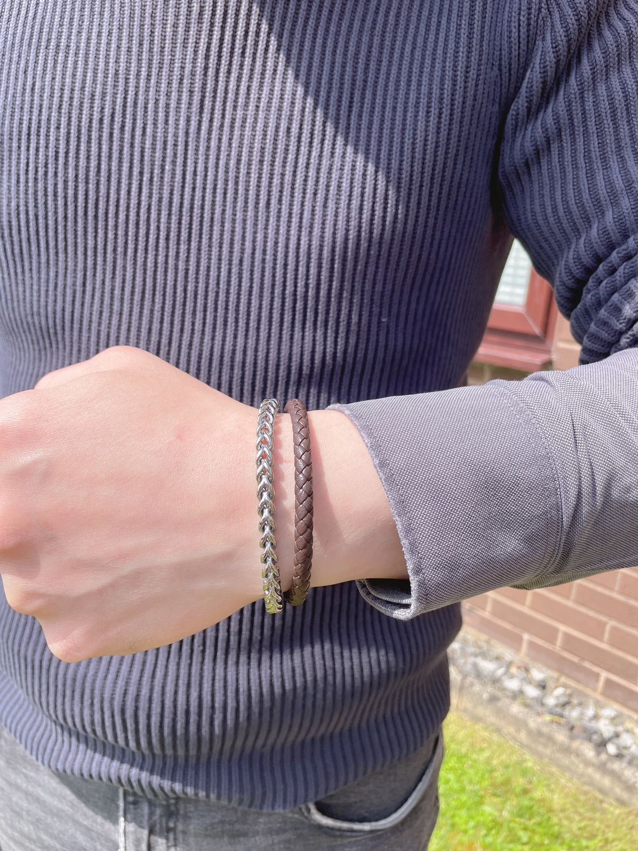 Men’s 2-Layer Stainless Steel Chain Brown Leather Braided Bracelet