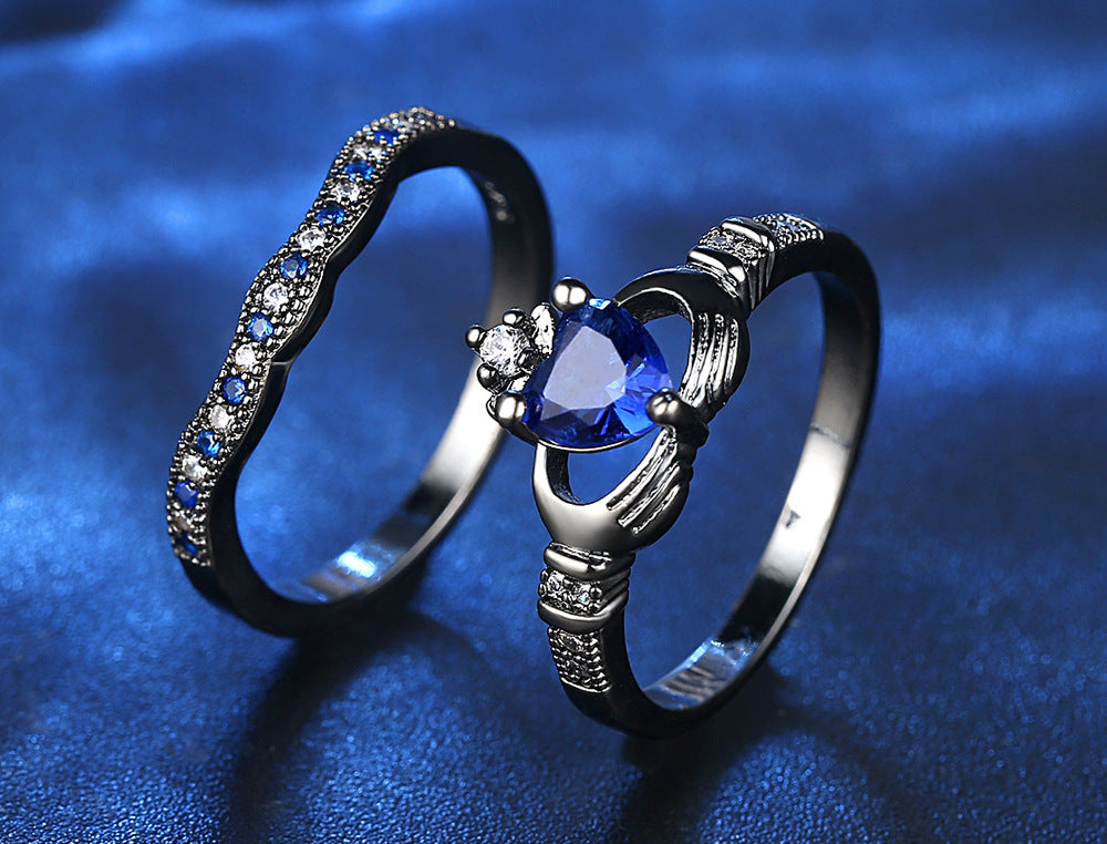 Black Double Ring Set Made with Blue Premium Crystal