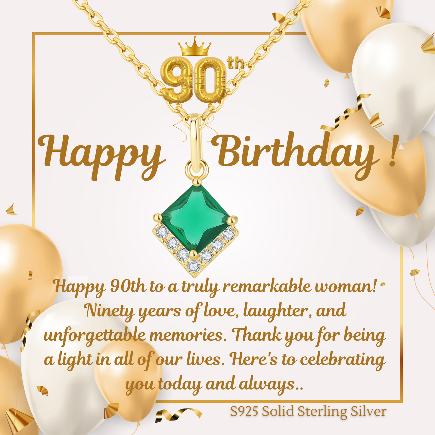 Birthday Gifts for Her 30th 40th 50th 60th 70th 80th 90th 100th S925 Emerald Gold Plated Necklace Birthday Personalised Message