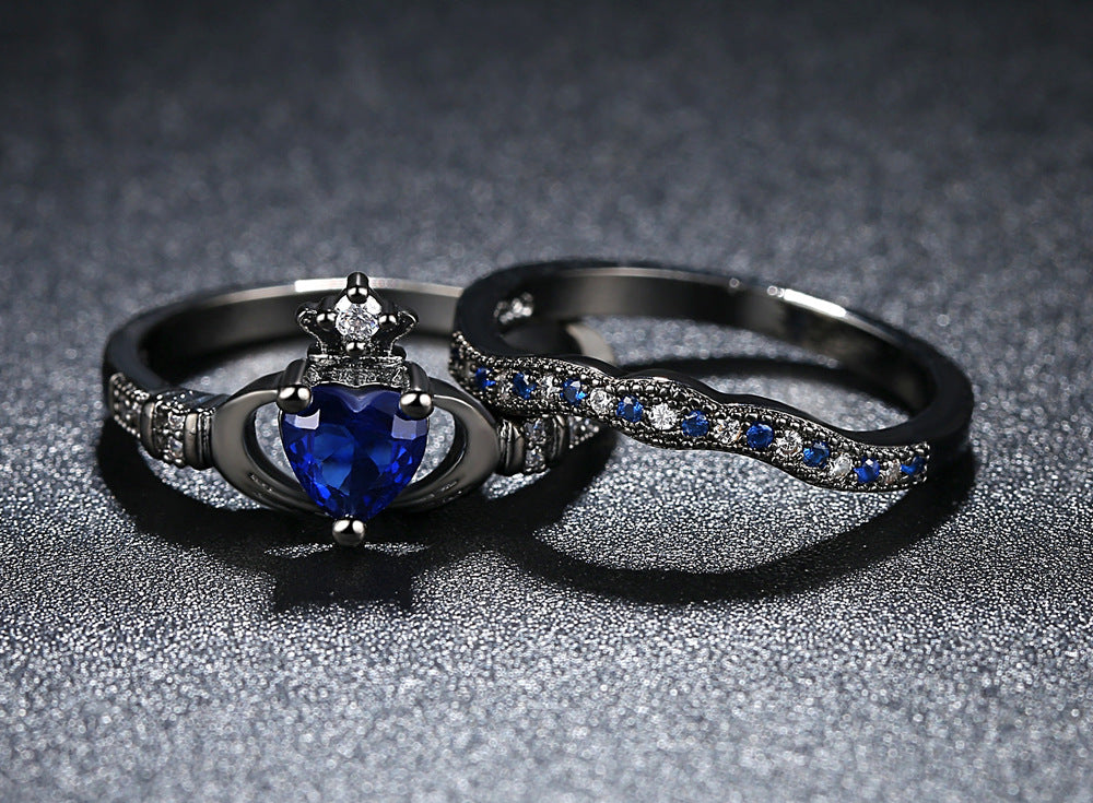 Black Double Ring Set Made with Blue Premium Crystal